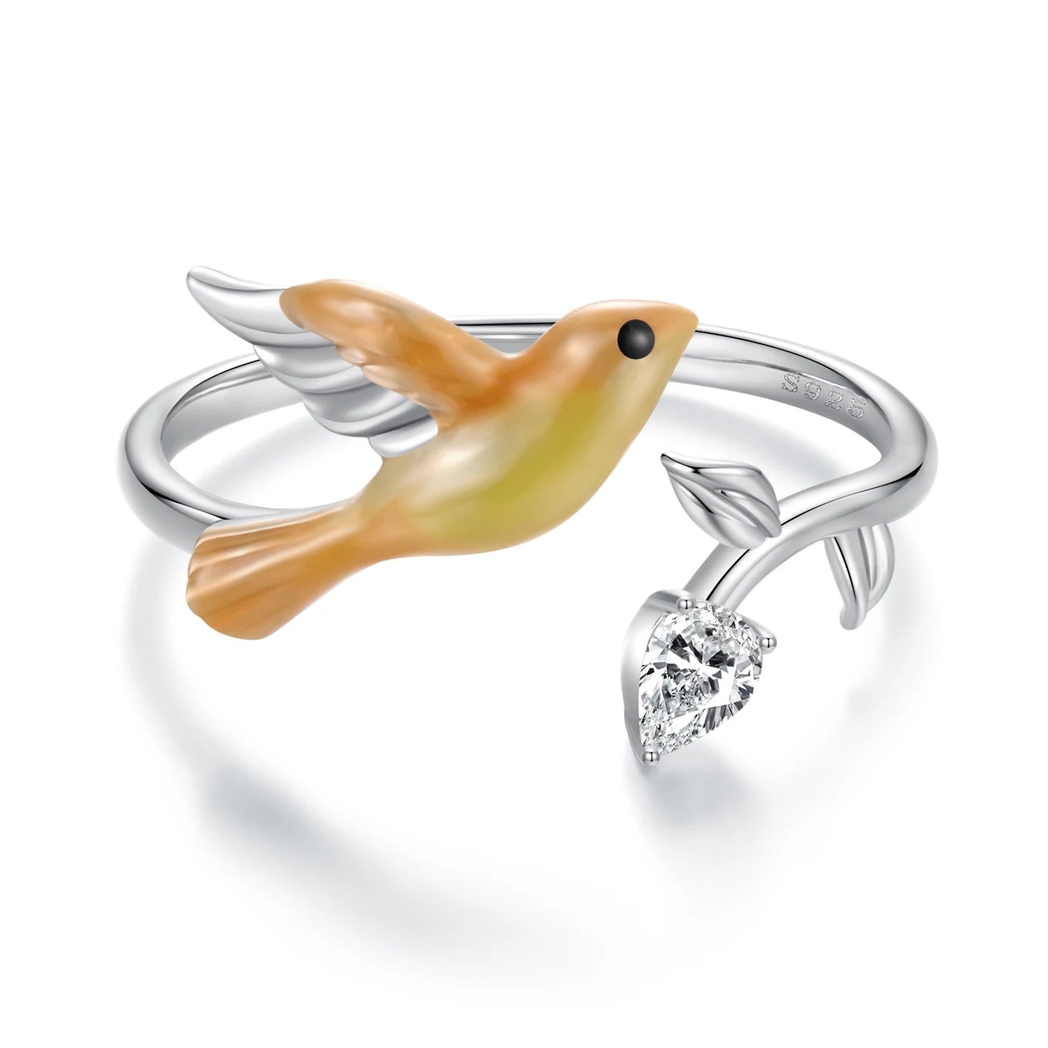 925 Sterling Silver Yellow Warbler Open Ring Leaf Heart Zircon Adjustable Band for OL Women Party Original Fine Jewelry BSR661