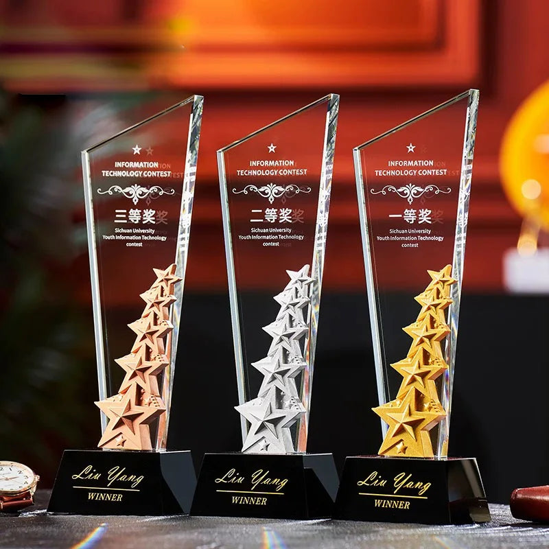 2025 New Design Gold Silver Bronze Resin Stars Crystal Glass Awards Plaque Trophy MH-J0579