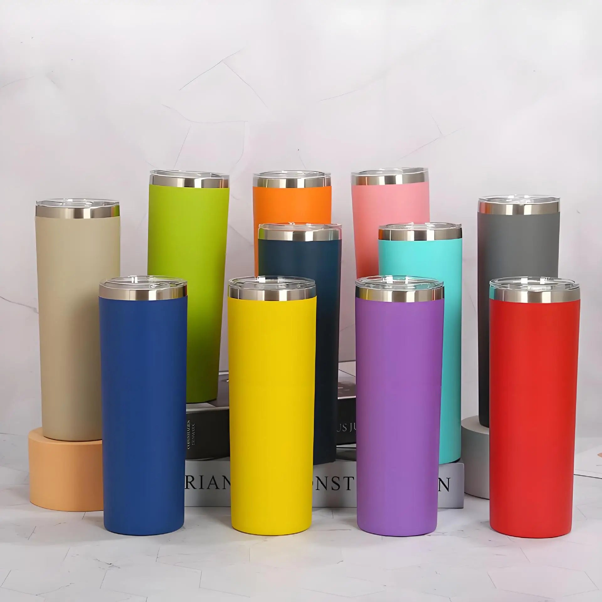 Promotion Gifts Custom Logo Travel Mug Double Wall Stainless Steel 20 oz Skinny Slim Tumbler Cups with Sliding Lid and Straw