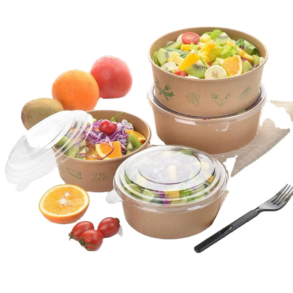 Wholesales Custom Made Brown Kraft Round Salad Paper Bowl with Lids Ideal for Salad Packaging