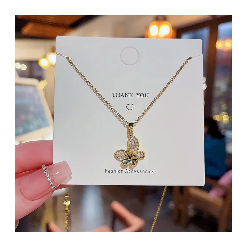 DAIHE Fashion Luxury Stainless Steel Butterfly Pendant Earrings Women Zircon Non-fading Neck Chain Jewelry