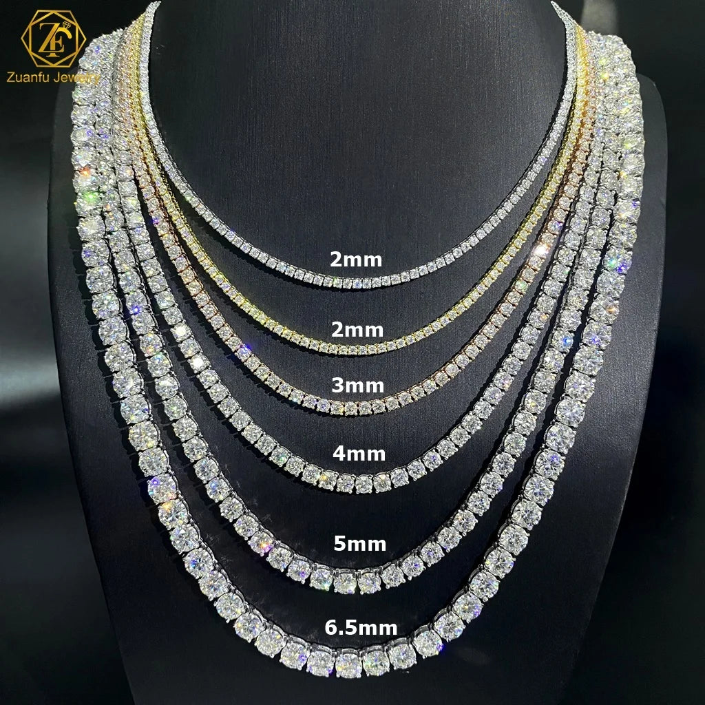 Hiphop Jewelry 3mm 4mm 5mm Silver Necklace 925 Silver VVS Moissanite Diamond Pass Diamond Tester Tennis Chain