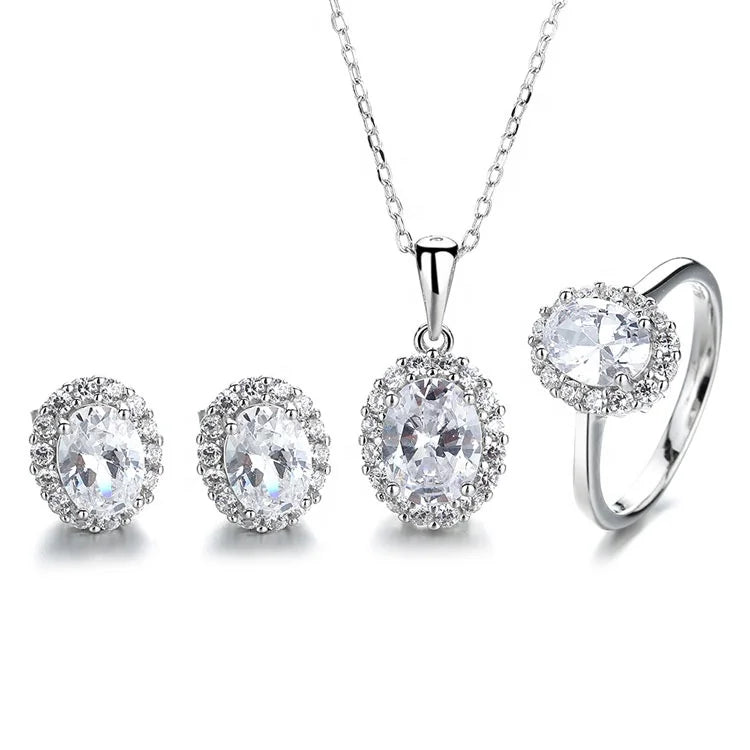 Silver 925 Full Jewelry Set Oval Shape Gemstone Rings Necklace Earrings Set for Women
