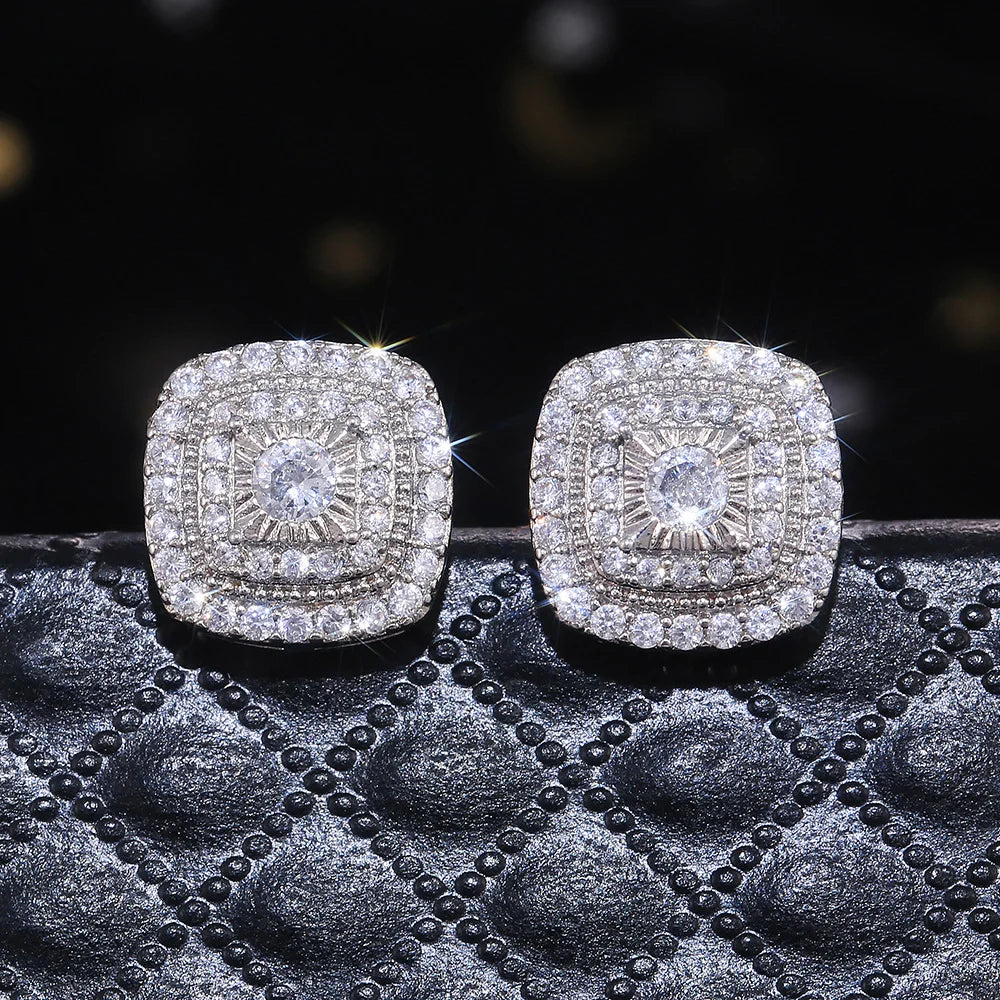 CAOSHI Argent Engraved Gemstone Inlaid CZ Round Cut Pave Setting Silver Classic Square Stud Earrings Fancy Women Earrings