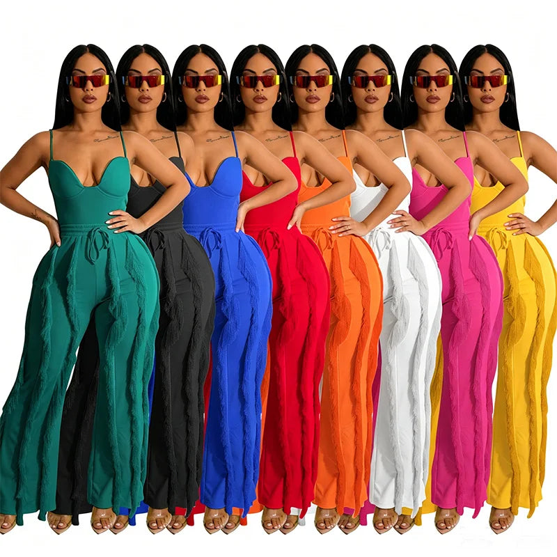 Hot Selling Summer Outfits for Women Sleeveless Spaghetti Strap Jumpsuit and Tassel Pants Two Piece Set Women Clothing