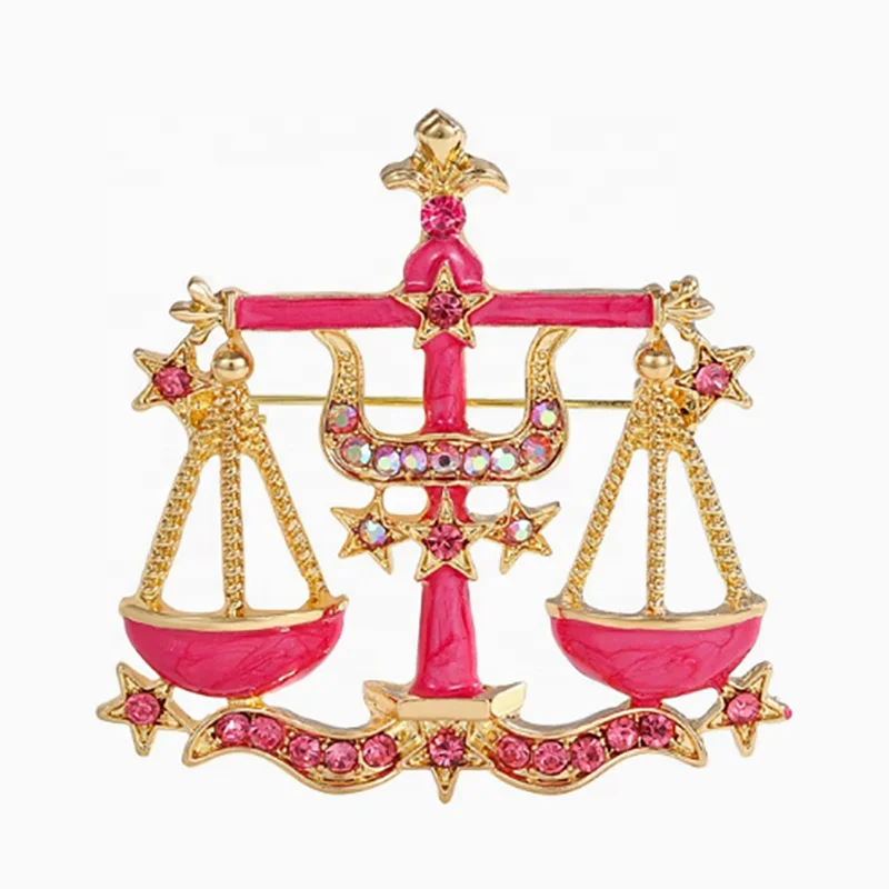Fashion Children's Jewelry Brooch Engagement Wedding Pink Rhinestone Enamel Gold Plated Zinc Alloy Scales Justice Pin Libra