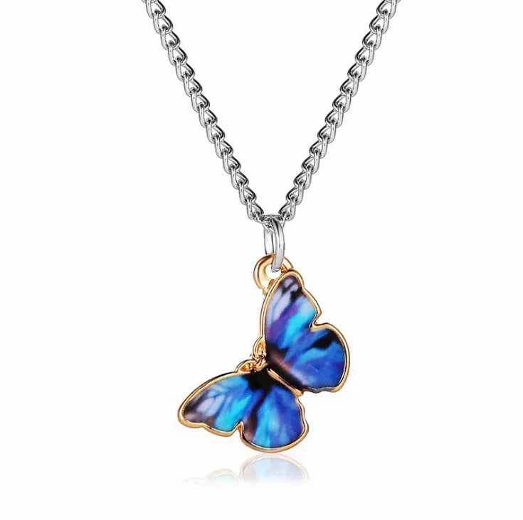Personalized Stainless Steel Charm Choker Necklace Creative Painted Blue Butterfly Pendant Necklace Women Jewelry