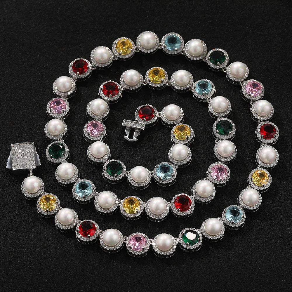 Fashion Trendy Creative Women 10mm Round Brilliant Cut Gemstone & Pearls Colorful Spring Buckle Bracelet Necklace Luxury Jewelry