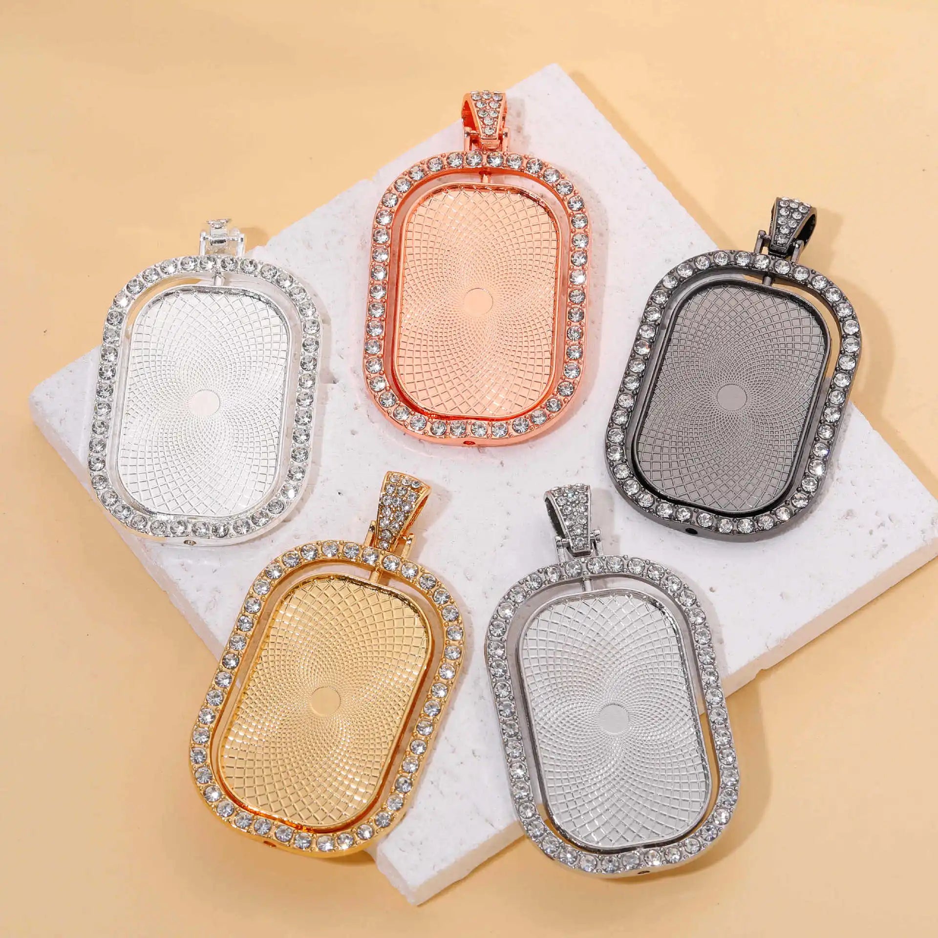 Wholesale 23*37mm Zinc Alloy Blank Rectangle Pendant Necklace Rotating Pendant Double Sided Photo Pendant Tray