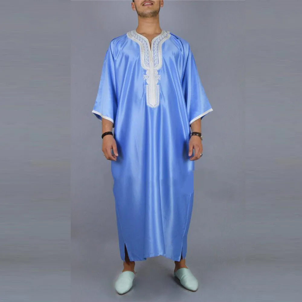 Men's Blue Thobe Handmade Embroidered Moroccan Caftan Elegant Short Sleeve Arabic Robe Breathable XS Size Digital Print ODM
