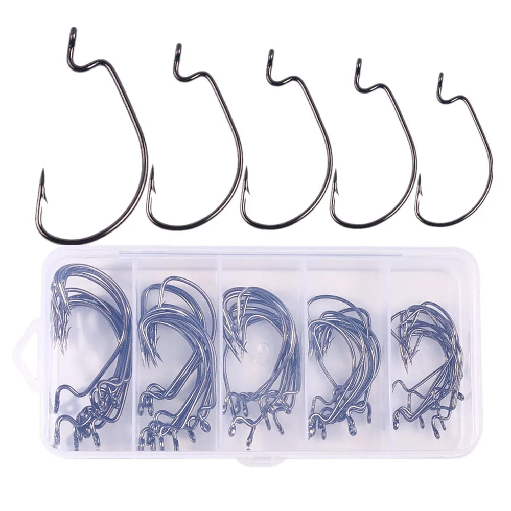 50pcs/box Wholesale Black  Crank Fishing Hooks Barbed Fishing Hook 1# 2# 1/0# 2/0# 3/0# Mixed Size