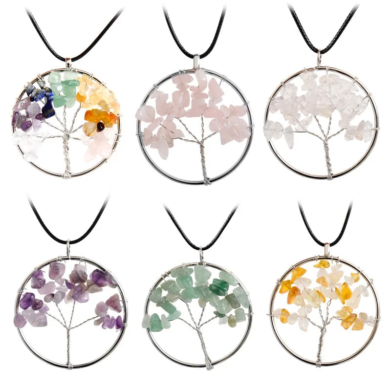 Tree Life Design Aquamarine Turquoise White Silver Gold 3cm Natural Tumbled Stone Crystal Pendant Necklace for Men Simple