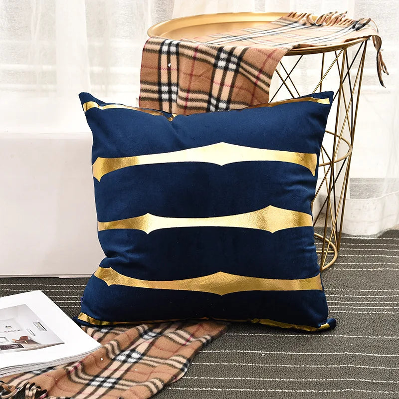 Aeckself Luxury Geometric Stripe Leather Embroidery Velvet Cushion Cover Home Decor Blue Gold Gray Black Throw Pillow Case