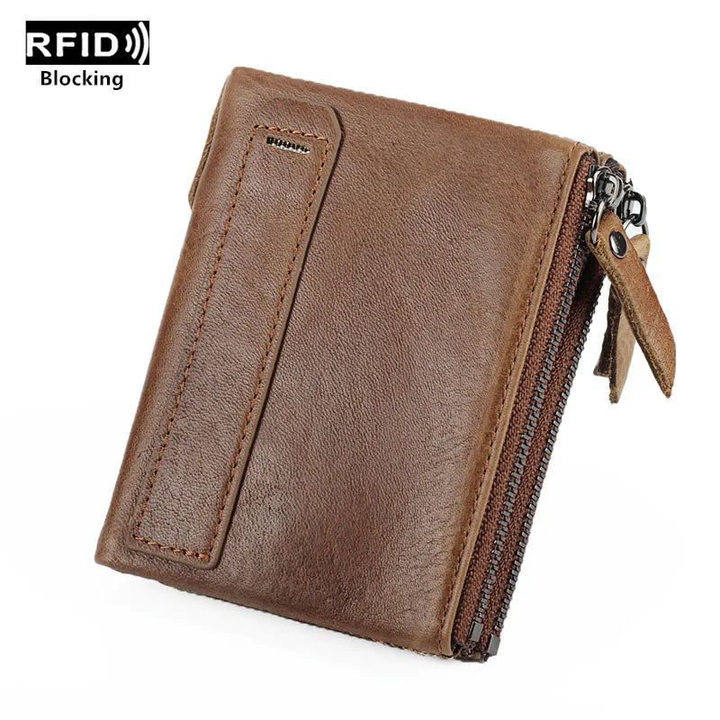 Andong Crazy Horse Leather Genuine Cowhide Men Wallet Short Zipper Purse RFID Double Zipper Wallets Card Holder