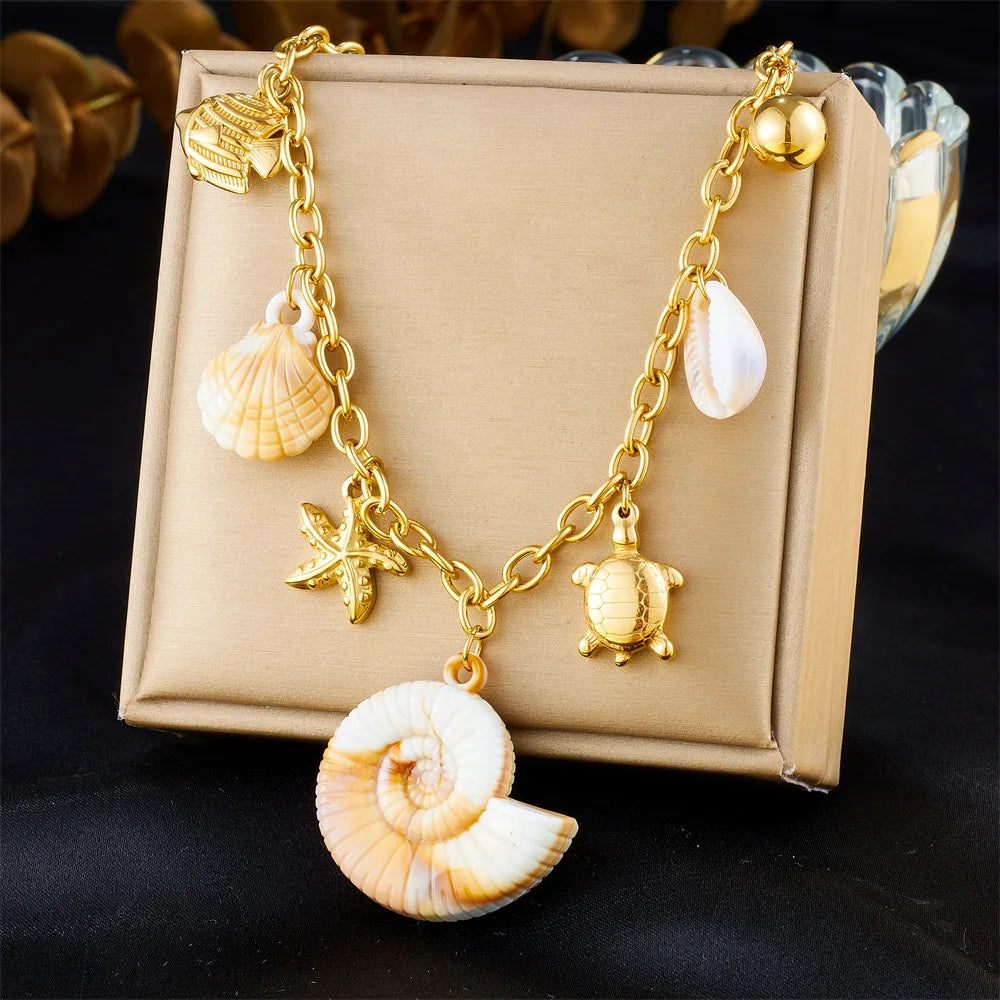 Marine Style Stainless Steel Necklace Tarnish Free 18k Pvd Gold Plated Conch Starfish Shell Turtles Charm Necklace for Women
