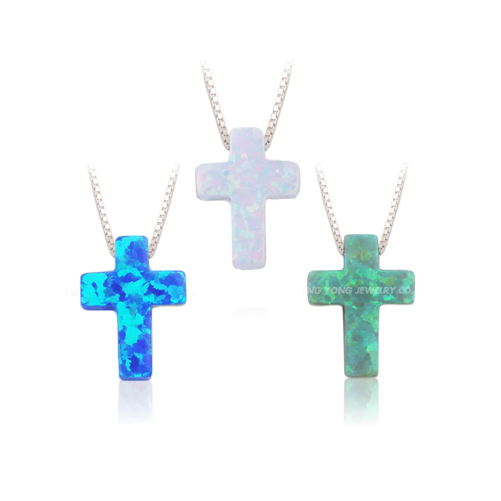 Hot Selling 925 Sterling Silver Box Chain Cross Gold Plated Opal Pendant Necklace with Blue Fire Opal for Wedding or Gift