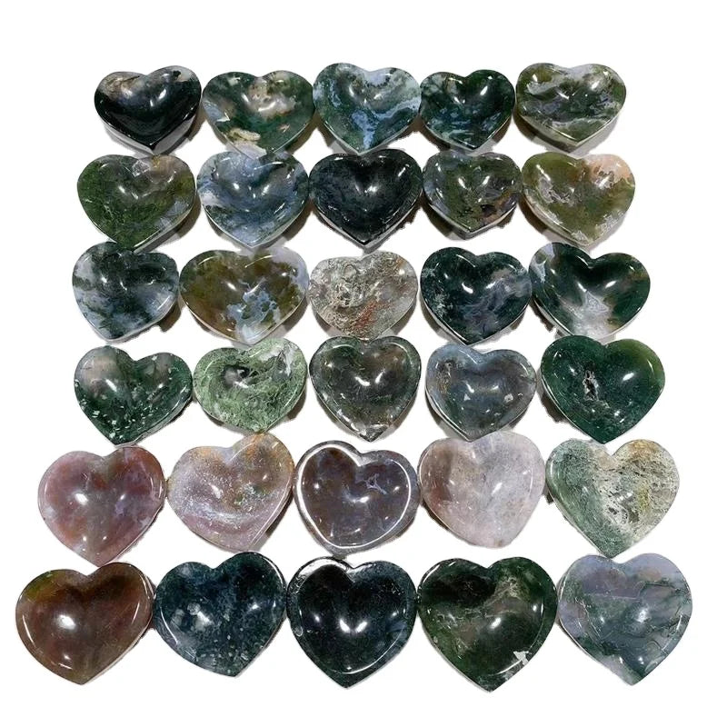 Small Size Natural Gemstone Crystal Wedding Souvenir Folk Crafts Carved Heart Shaped Moss Agate Quartz Crystal Singing Bowl