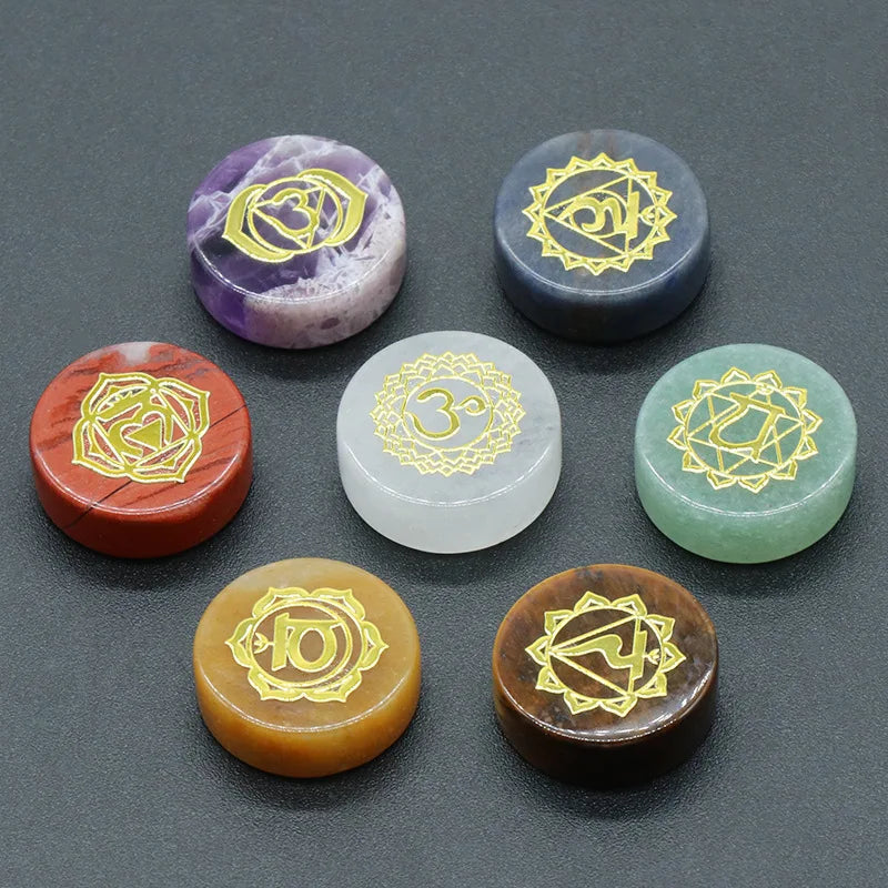 Natural Crystal Colorful Stone Disc Symbol Yoga Stone Handmade Agate Amethyst Religious Feng Shui Engraved Chakra Stones