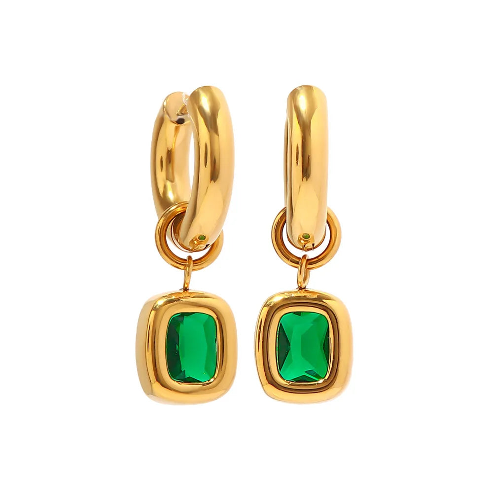Wholesale Luxury Green Zircon Earrings Fashionable 18K Gold Plated Chunky Huggie Hoop Earrings Stainless Steel Jewelry
