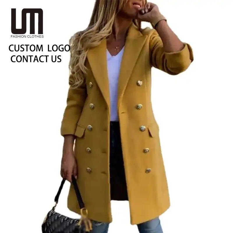 OEM ODM Autumn Winter Women Casual Woolen Overcoat Elegant Double Breasted Long Ladies Plus Size Coats