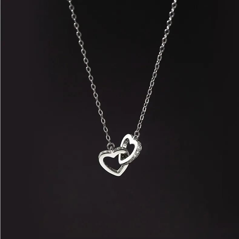 Fashion 925 Sterling Silver Interlocking CZ Heart Pendant Gold Plated Double Two Hollow Love Hearts Necklaces Jewelry for Women