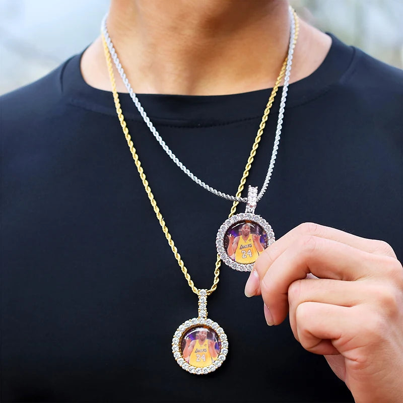 Hip Hop Custom Circle Picture Necklace Jewelry Iced Cubic Zirconia Round Photo Memory Pendant Necklace With Solid Back