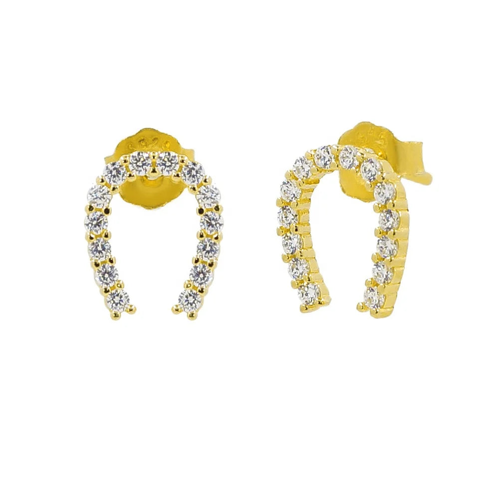 Fine Shiny Daily 925 Sterling Silver Cubic Zircon 18K Gold Plated U Shaped Horseshoe Women Stud Earrings
