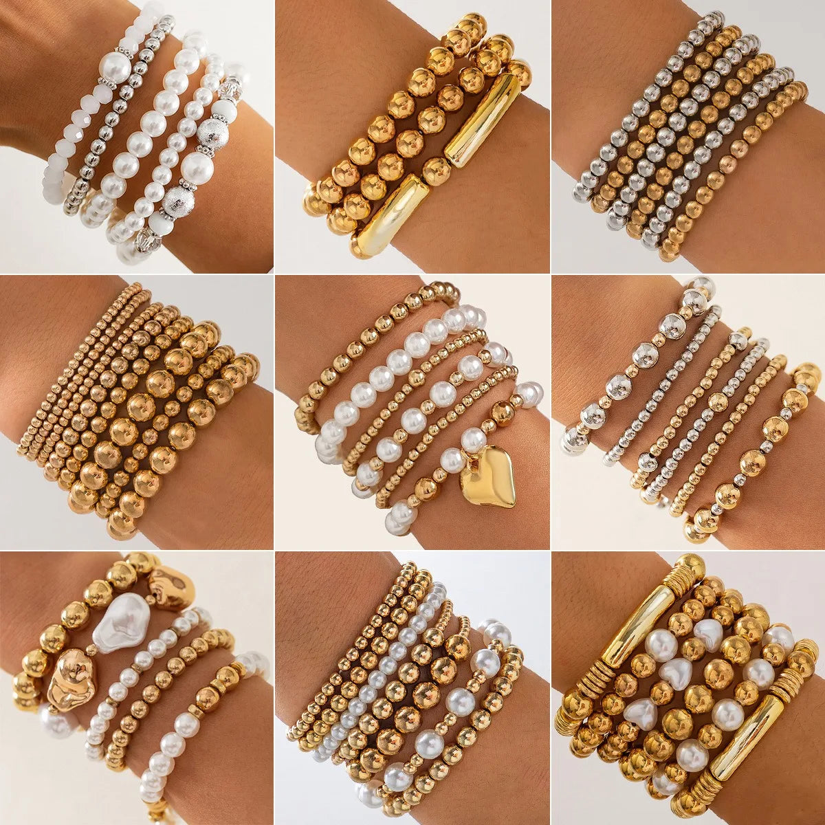2025 Latest 5 6 7Pcs/Set Trendy Gold Silver Color Beaded Elastic Bracelet Set for Fashion Women Jewelry Italiana Bracelet Set