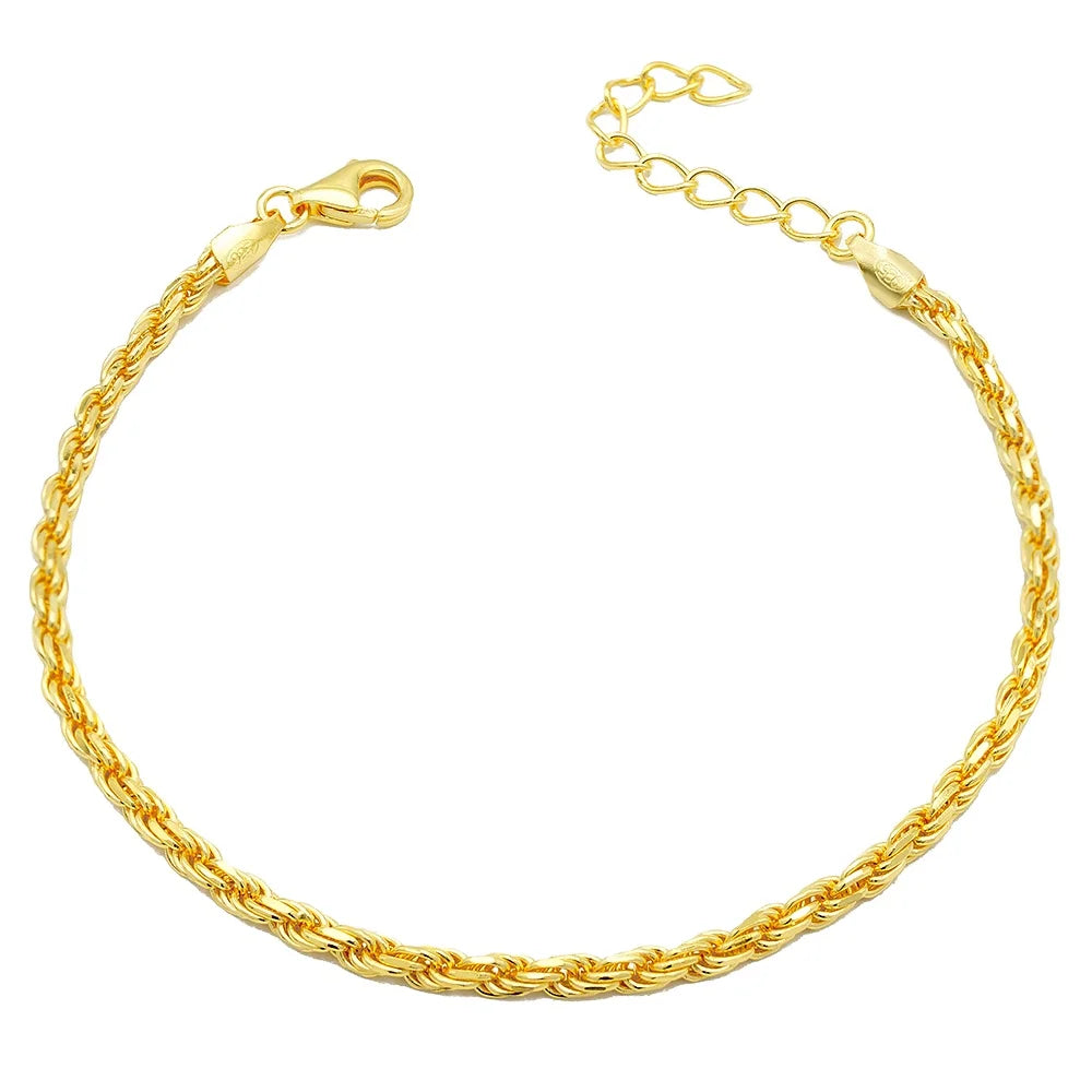 Fine Jewelry Bracelet 925 Silver Rope Chain Yellow Gold Plated Diamond Cut Bracelet for Ladies Women