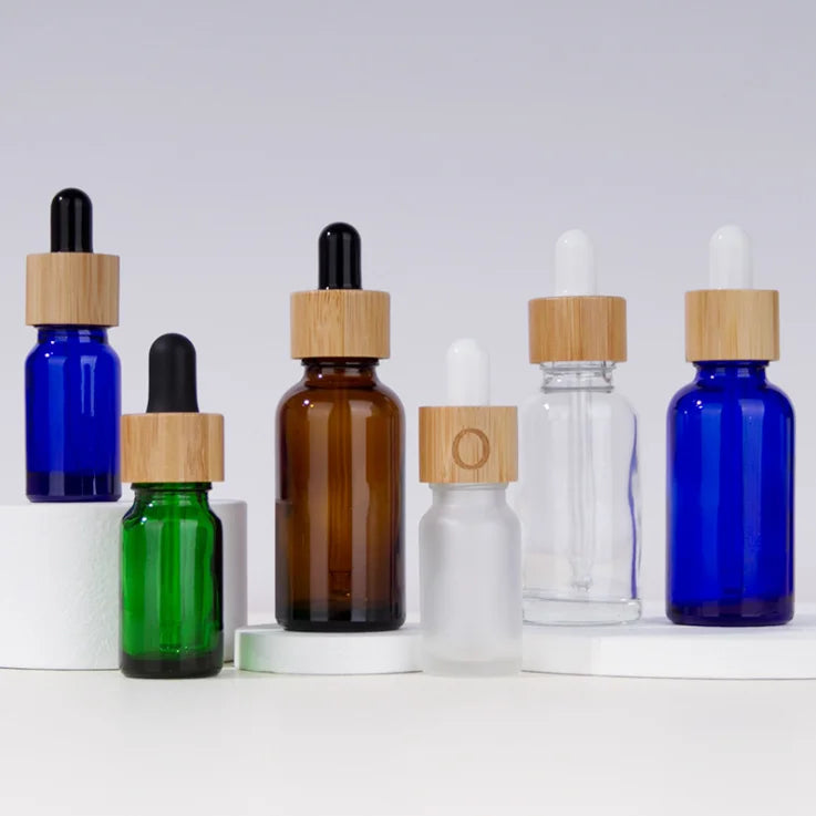 Natural Bamboo Cosmetic Container 30ml 1oz Daily Use Amber Brown Round Essential Oil Glass Dropper Serum Bottle