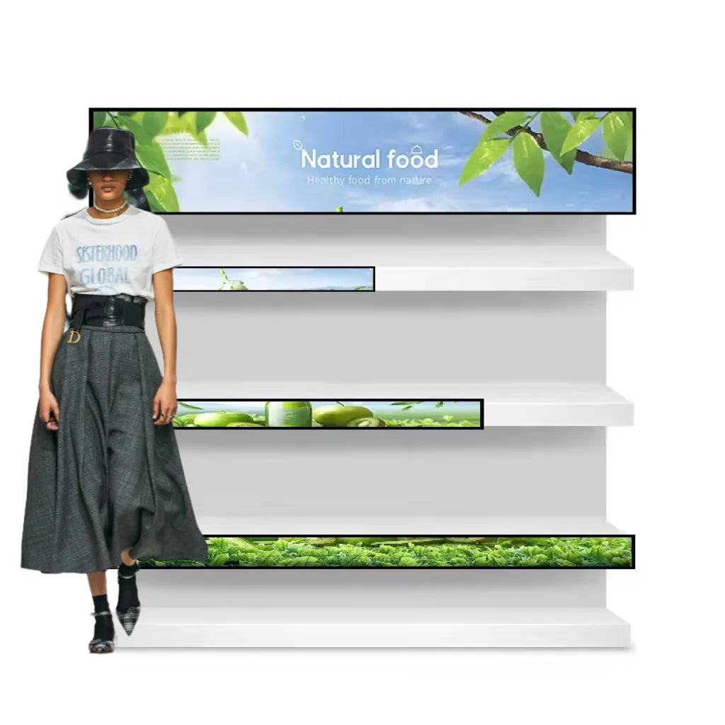 Different Size Retail Store Shelves Screen Stretched bar LCD Display for Supermarket Advertising Kiosks Digital Signage