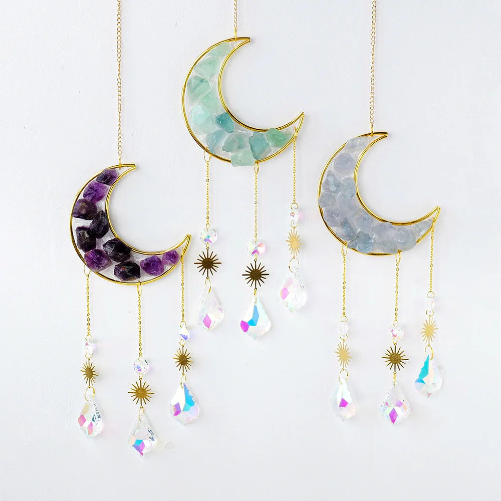 Wholesale Natural Raw Crystals Moon Sun Catcher Wind Chime Healing Home Decoration