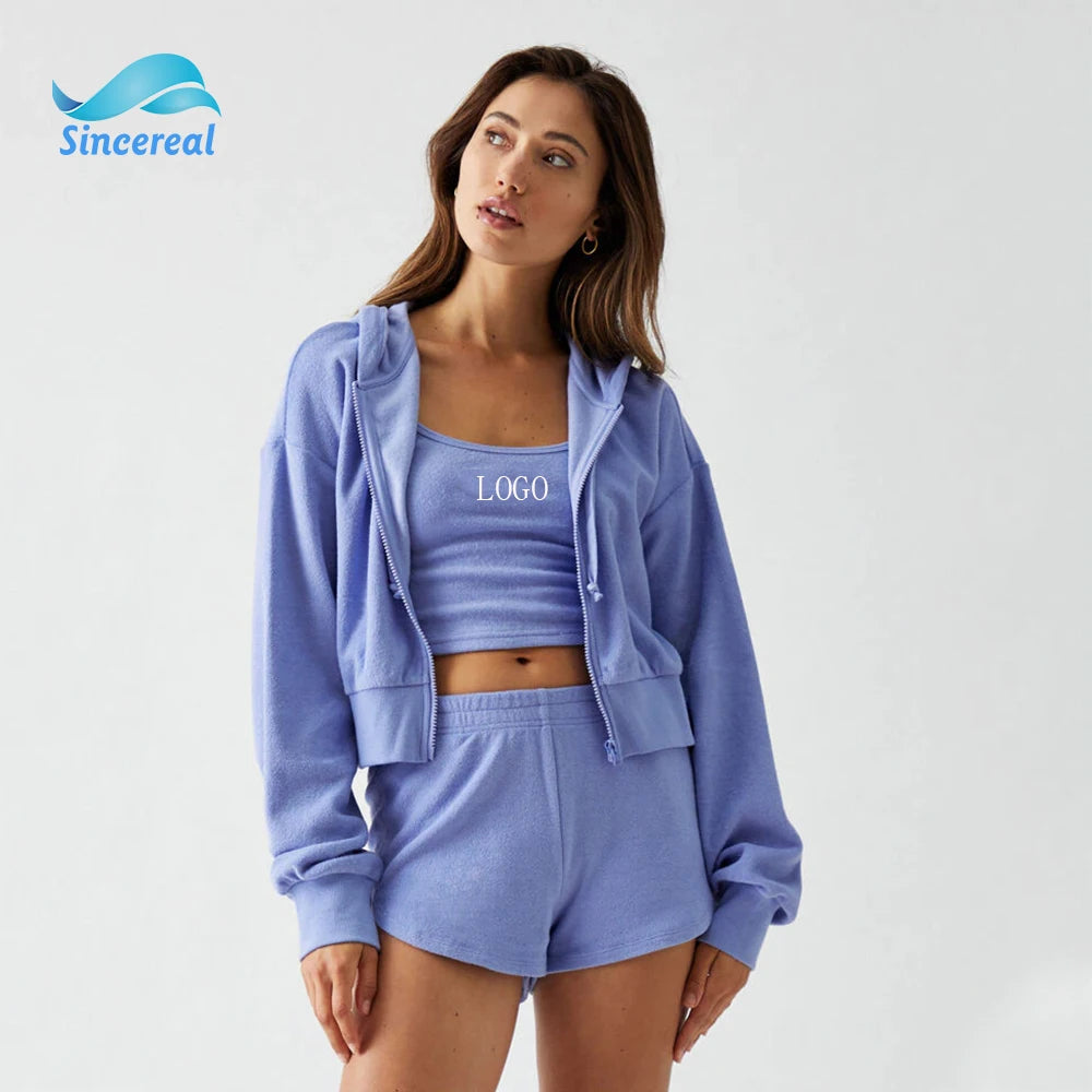 Custom Summer Beach tank Top and Zip up Jacket Shorts Casual Terry Towel 3 Piece Shorts Set for Women