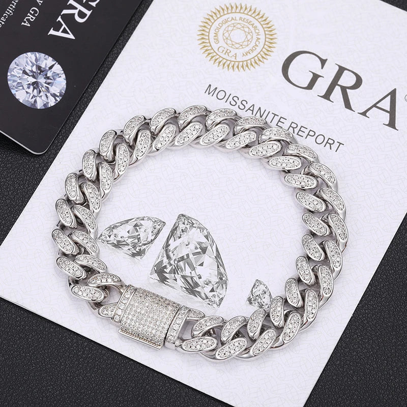 Custom Logo Jewelry Maker 12mm 925 Sterling Silver VVS Moissanite Diamond Iced Out Cuban Link Bracelet