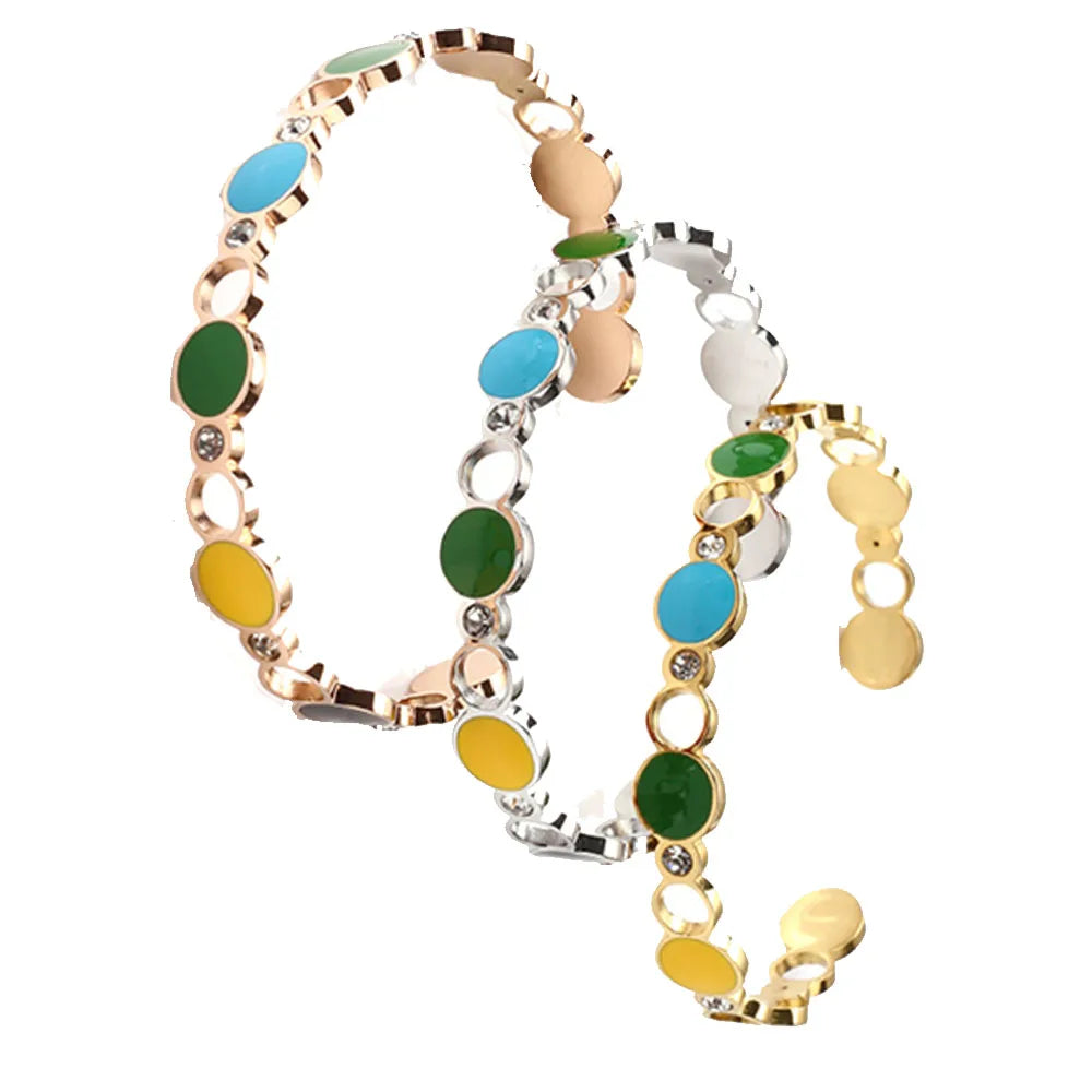 Wholesale Stainless Steel Cuff Bangle Bracelet Jewelry Women's Enamel Colors and Zircon Charm Beads Paved