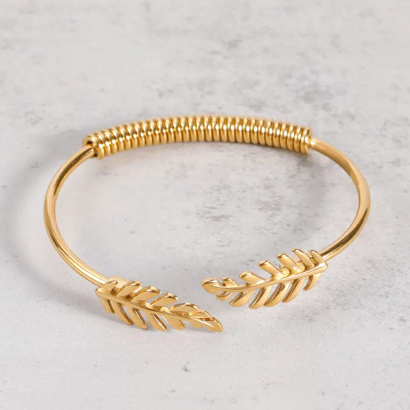 Fashion Tarnish Free 18K Gold Plated Stainless Steel Leaf Cuff Adjustable Bracelet  for Women Jewelry