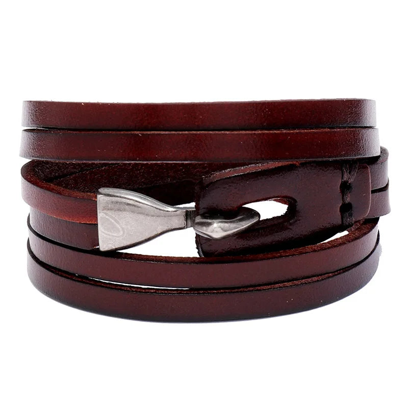 Hot Selling Vintage Genuine Leather Strands Bracelet with Hook Clasp