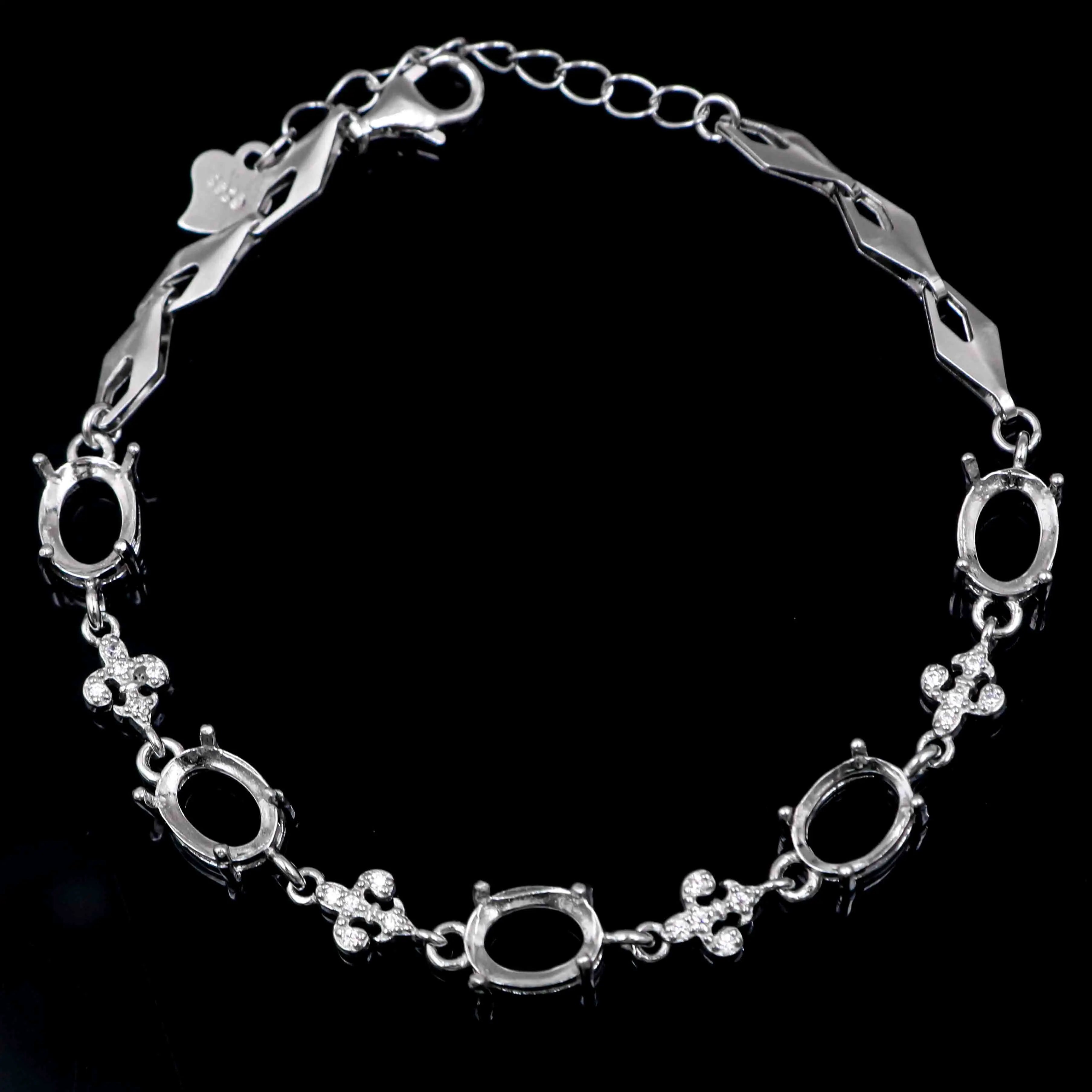 Sterling Silver 6*8mm Semi Mount Bracelet Empty Support Blank Claws Setting S925 Base Holder Without Center Stone Inlay for DIY