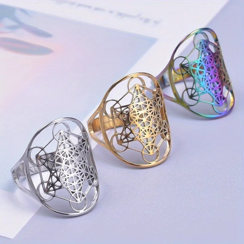 Popular Trendy and Fashionable Hollowed Out Hexagonal Star Oval Stainless Steel Ring with Adjustable Opening