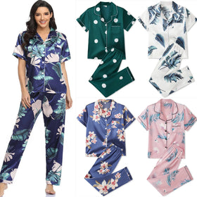 Custom Print Luxury Ladies Silk Satin Sleepwear 2 Piece Short Sleeve Long Pant Pajama Women Satin Leaves Print Women's Sleepwear