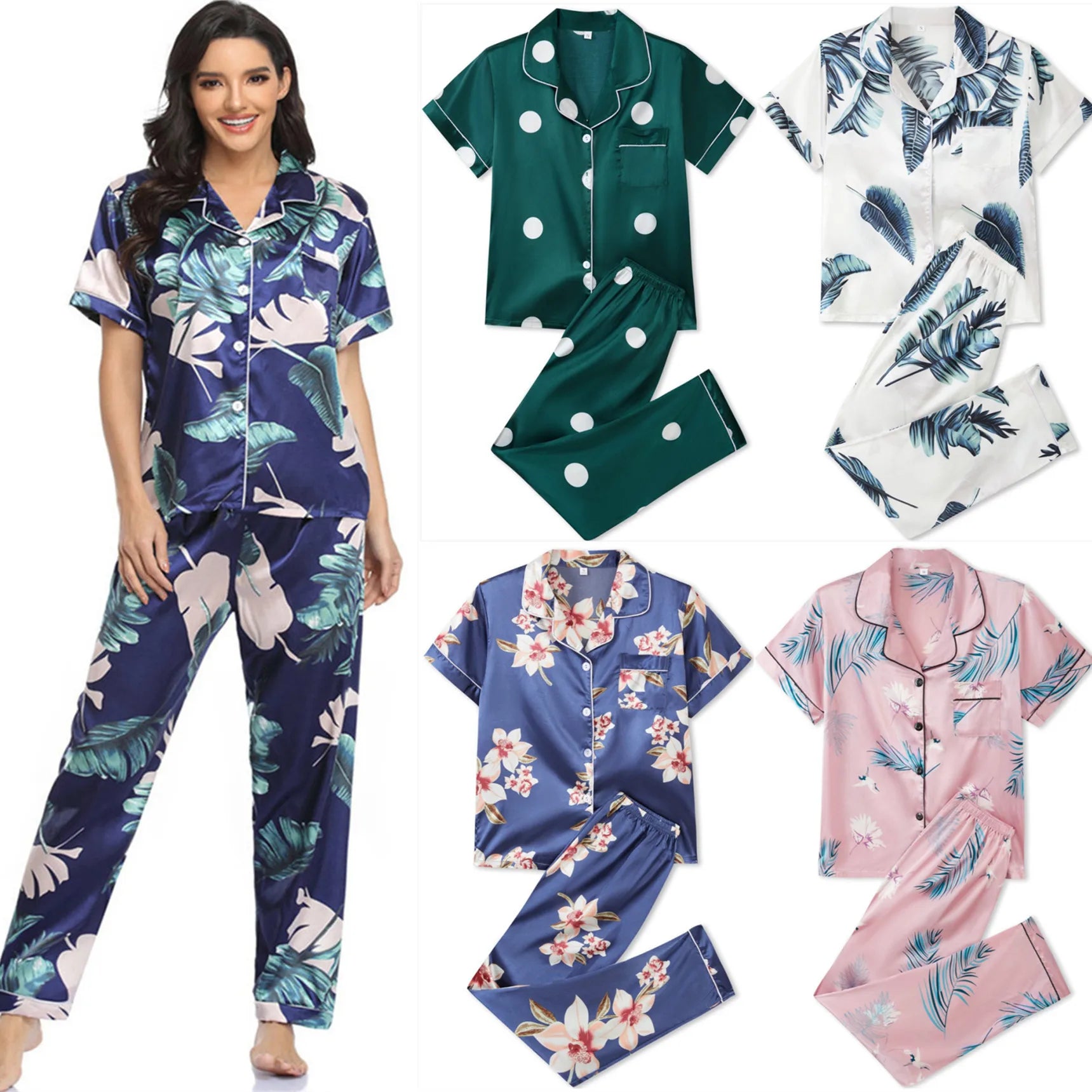 Custom Print Luxury Ladies Silk Satin Sleepwear 2 Piece Short Sleeve Long Pant Pajama Women Satin Leaves Print Women's Sleepwear