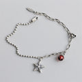 Vintage Style Red Gemstone Charm 925 Sterling Silver Five-pointed Starfish Charm Paperclip Link Chain Beads Bracelet for Women