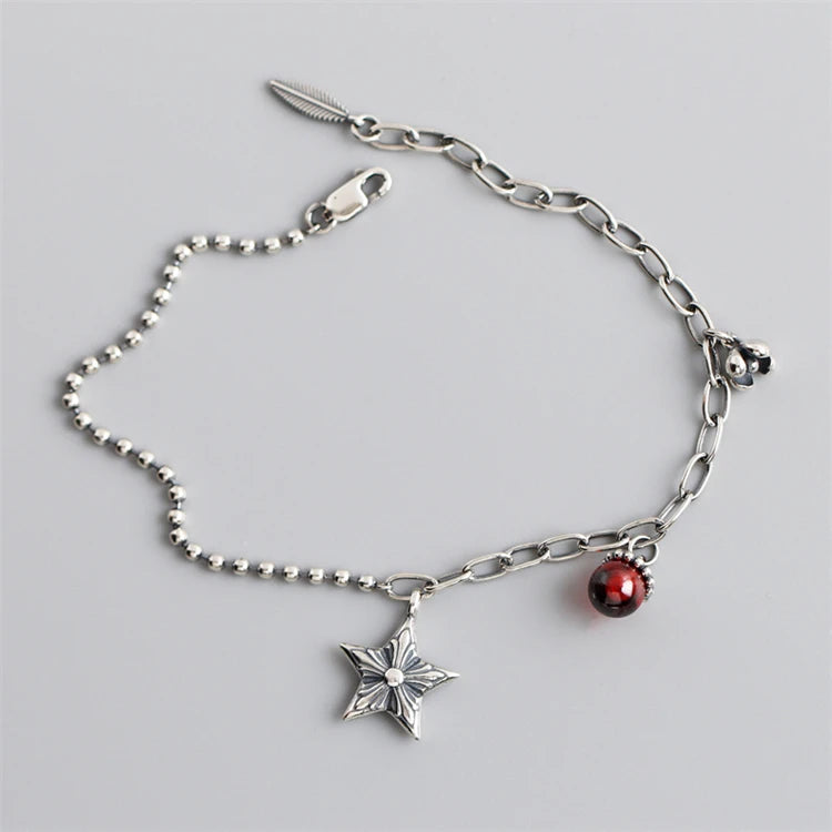 Vintage Style Red Gemstone Charm 925 Sterling Silver Five-pointed Starfish Charm Paperclip Link Chain Beads Bracelet for Women