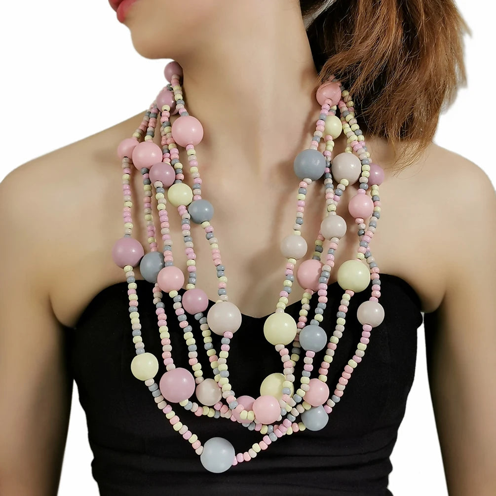 HANSIDON Bohemian Multilayer Wood Beads Chain Multicolor Handmade Long Necklace  Hawaii for Women Fashion Jewelry Accessory