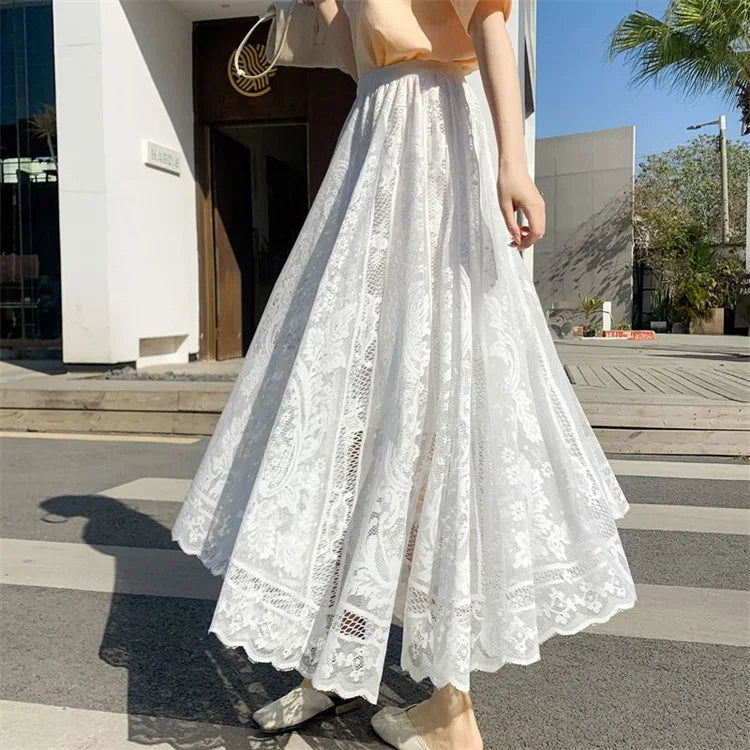 Bohemian Long Skirt Summer Solid Lace High Waist Lace Skirts Elegant A-line Loose Casual Beach Skirt Faldas Largas Female
