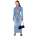 RNSHANGER Denim Print Prom Long Dress 2024 Women Graphic Slim Bodycon Party Elegant Formal Occasion Streetwear Y2K Dress