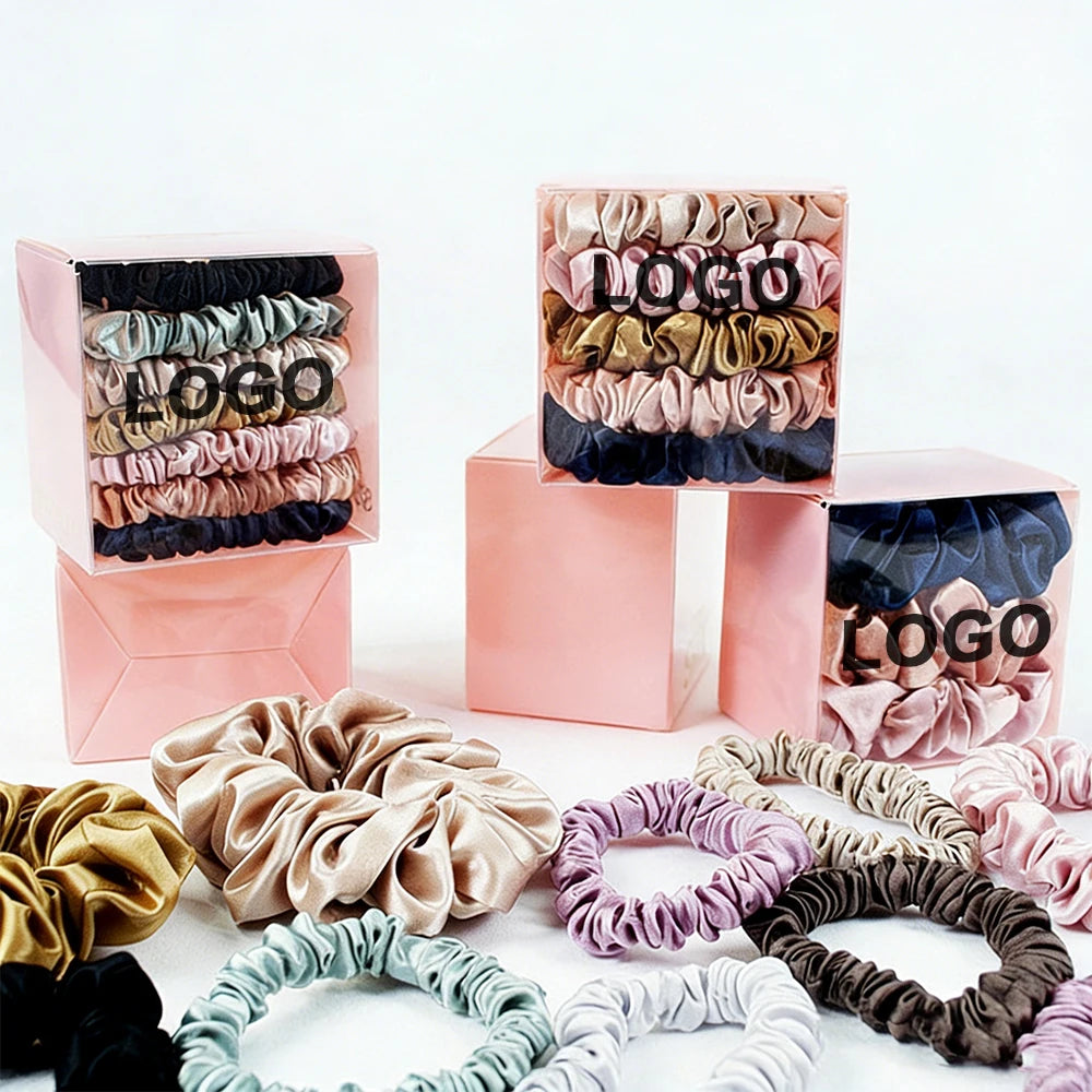 Custom Logo 100% Pure Mulberry Silk Skinny Hair Scrunchie Elastic Ponytail Holder with Customized Color Design for Yoga Spa Use