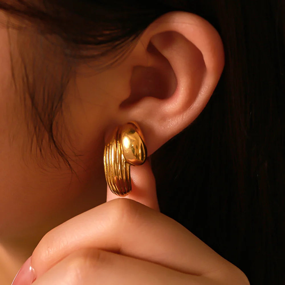 New Design Double Layer Drop 18K PVD Gold Plated Charm Stainless Steel Screw Thread CC Shaped Earring for Women MegaBDM