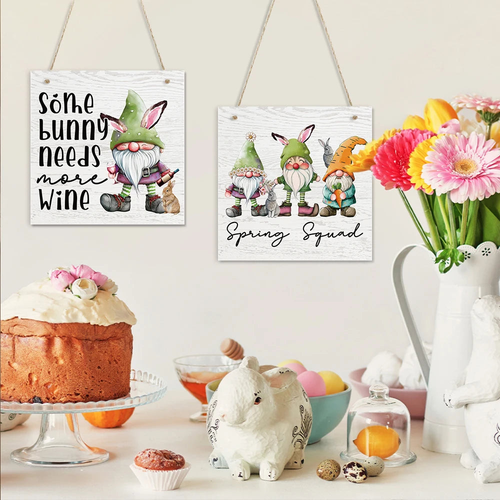 Joyful Easter Celebration Bunny Rabbit Gnome Eggs Wooden Plaque Sign Easter Spring Decoration