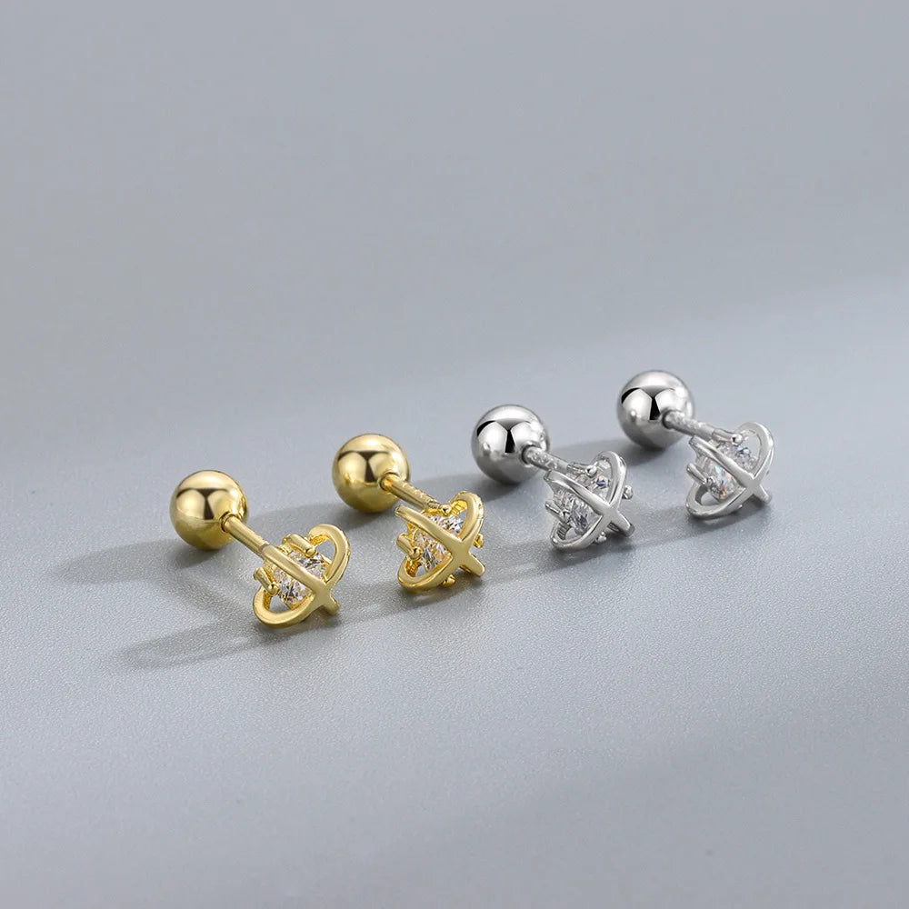 Unique 925 Sterling Silver Gold Plated Cz Cartilage Earrings Cross Planet Zircon Screw Back Stud Earrings for Women Everyday